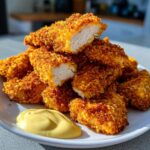 A pile of golden, crispy chicken tenders, one broken open to show the white meat inside, served with a dollop of yellow dipping sauce.