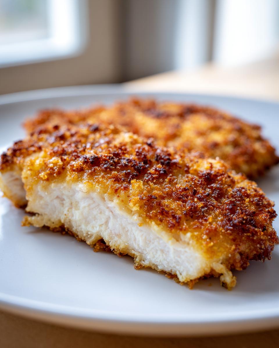 A close-up of crispy dill pickle chicken with parmesan twist, showing the juicy white interior and golden-brown crust.
