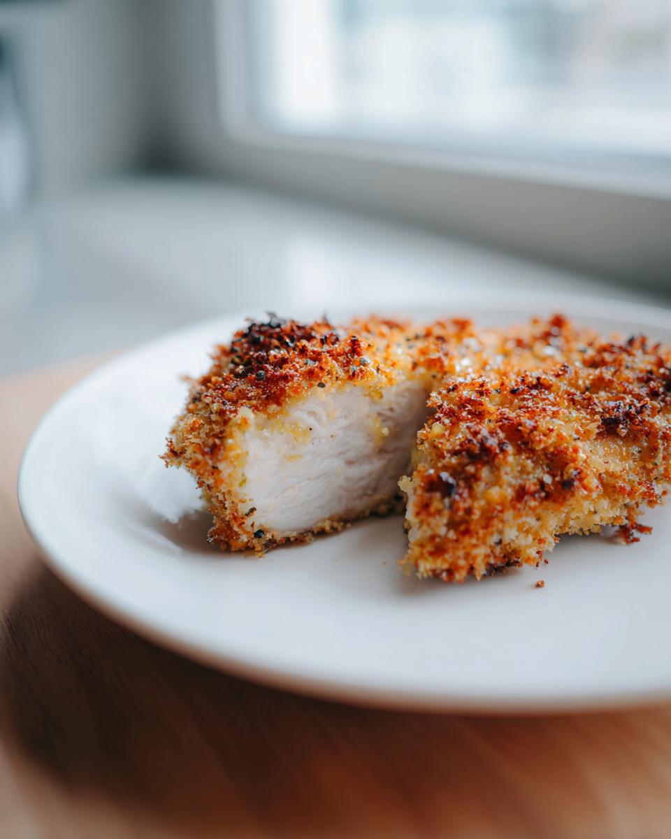 Close-up of crispy dill pickle chicken with parmesan, cut in half to show juicy white meat inside.