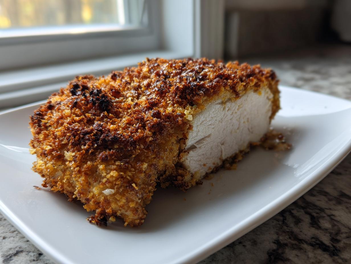 Cross-section of crispy dill pickle chicken with parmesan twist showing the juicy white meat and golden brown crust.