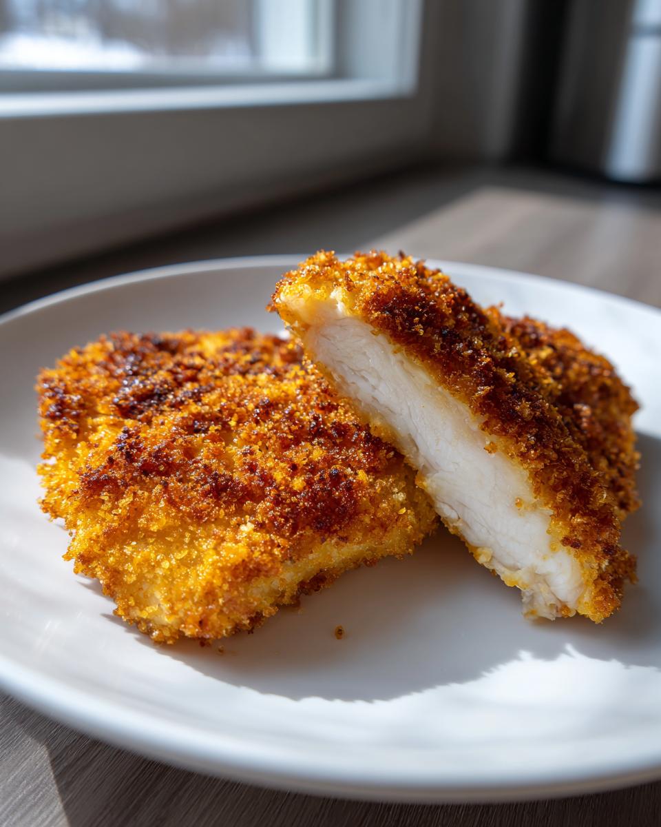 Two pieces of crispy dill pickle chicken with parmesan twist, one cut open showing juicy white meat.
