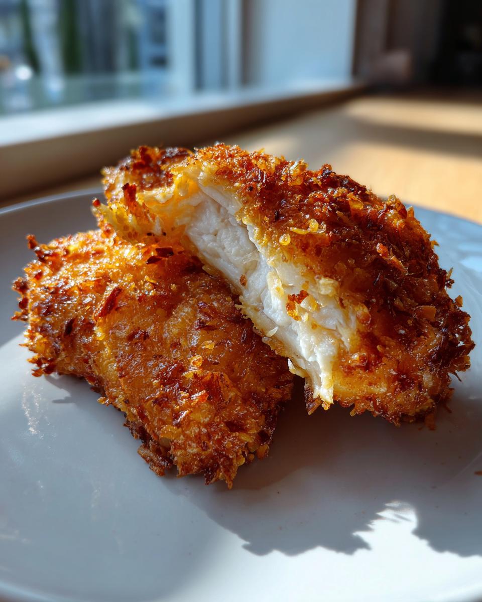 Two pieces of crispy dill pickle chicken with parmesan twist, one cut open to show the white, flaky chicken breast inside.