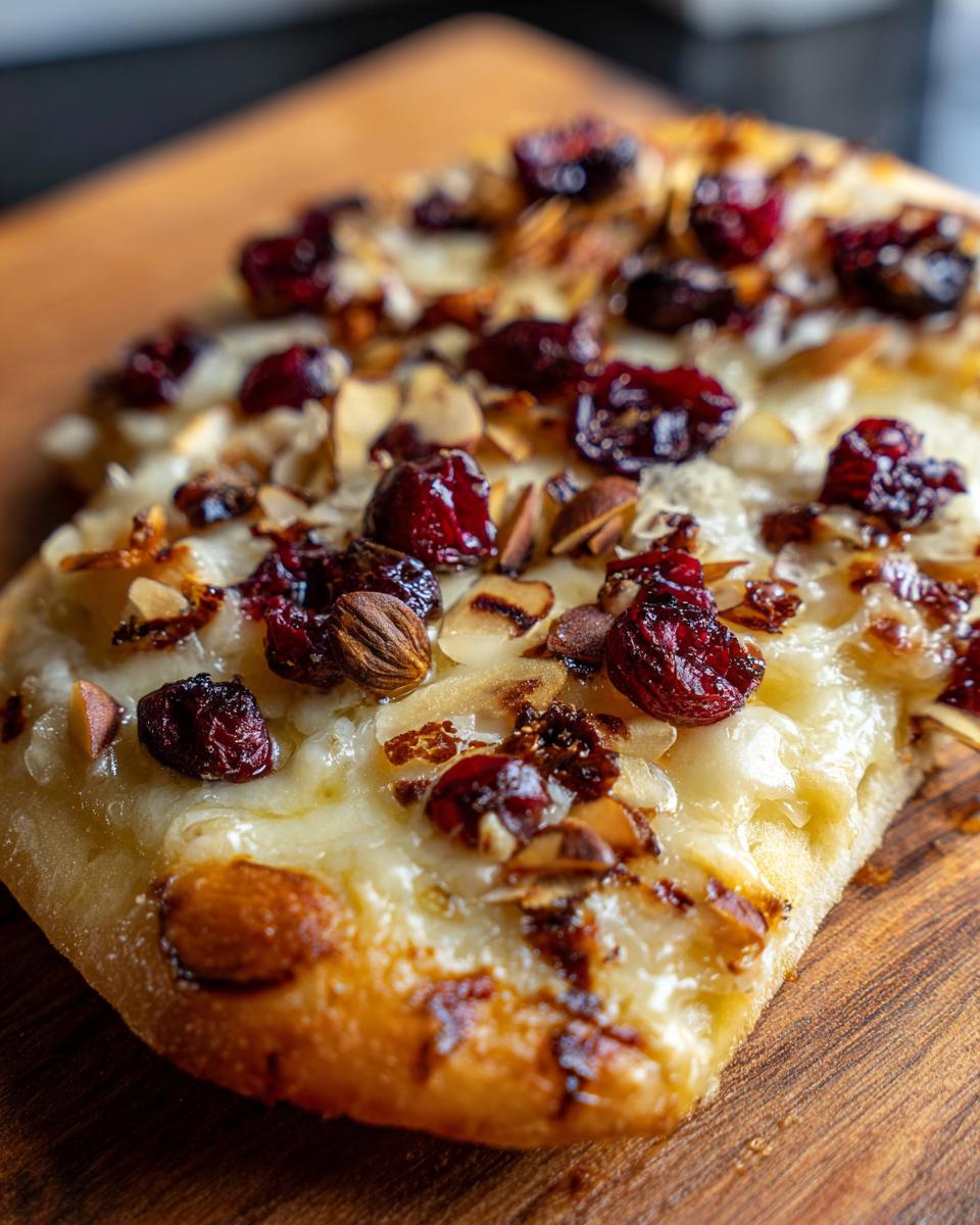 A close-up, appetizing shot of a slice of crispy flatbread with brie, dried cranberries, and toasted almonds.