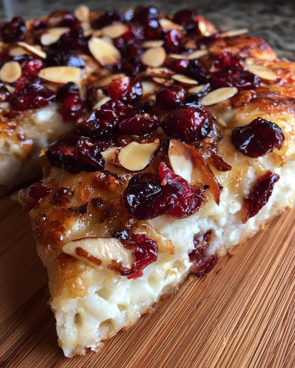 Close-up of a slice of crispy flatbread with melted brie, dried cranberries, and toasted almonds.