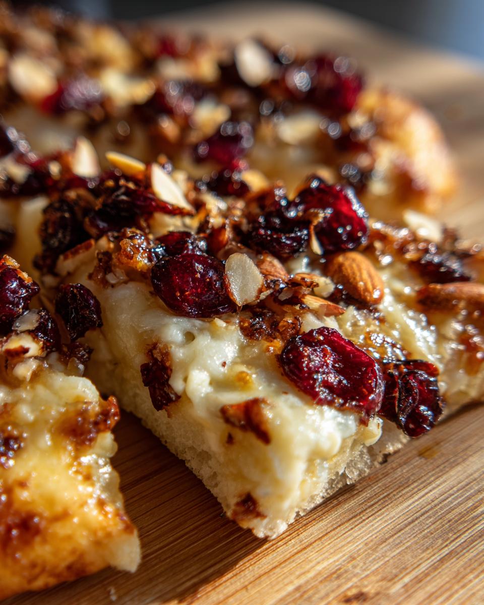 A close-up, macro shot of a slice of crispy flatbread with brie, cranberries & toasted almonds, showing melted cheese and toppings.