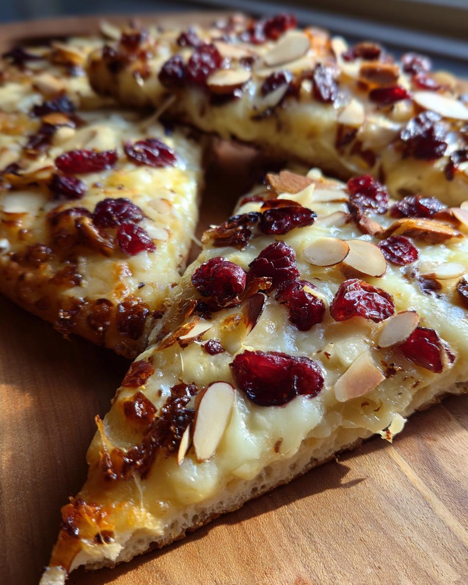 Close-up of sliced crispy flatbread with brie, melted cheese, dried cranberries, and toasted almonds.