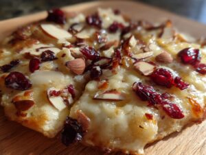 Melted brie cheese covers a slice of crispy flatbread topped with dried cranberries and toasted sliced almonds.