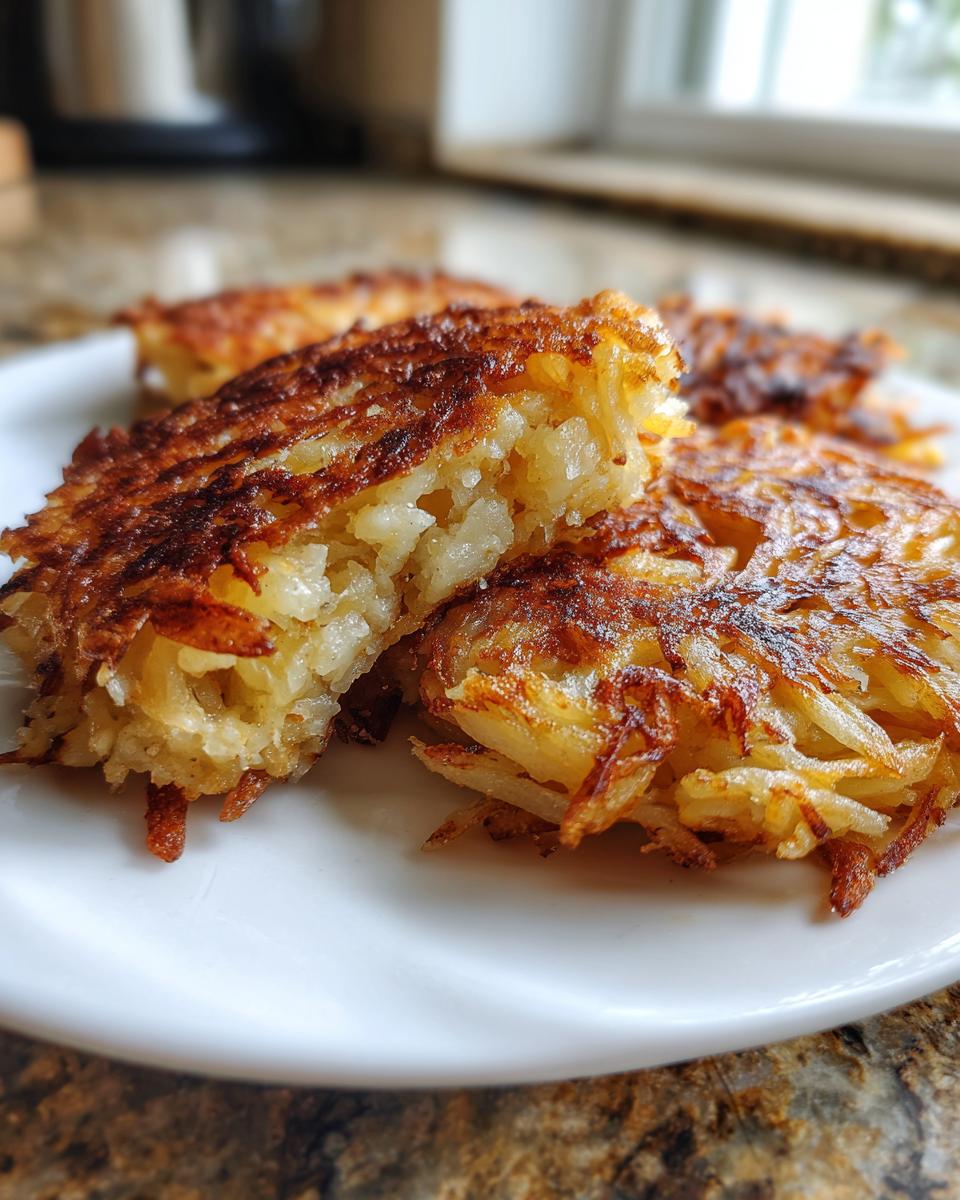 Close-up of crispy golden brown hash browns, one cut open showing the shredded potato texture inside.