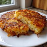 Two golden brown, crispy hash browns stacked on a white plate, showing the shredded potato texture inside.