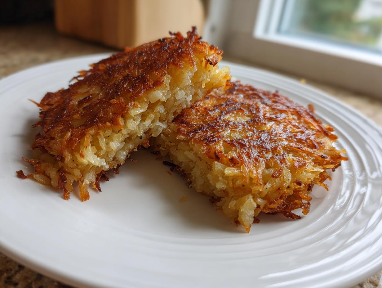 Two halves of a perfectly cooked, crispy hash browns recipe showing the shredded potato texture inside.