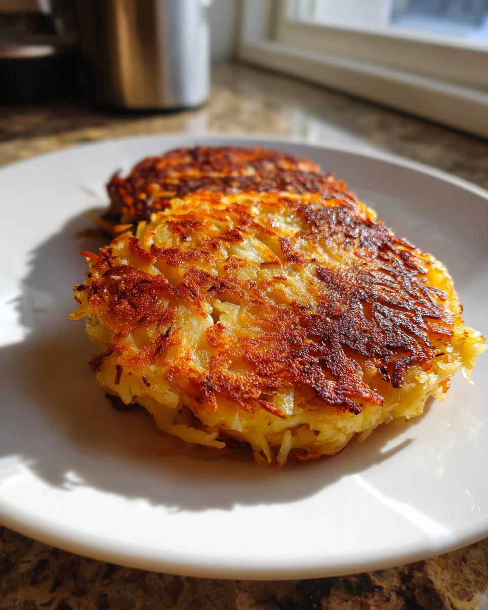 Two golden-brown, crispy hash browns patties served on a white plate, highlighting the shredded texture.