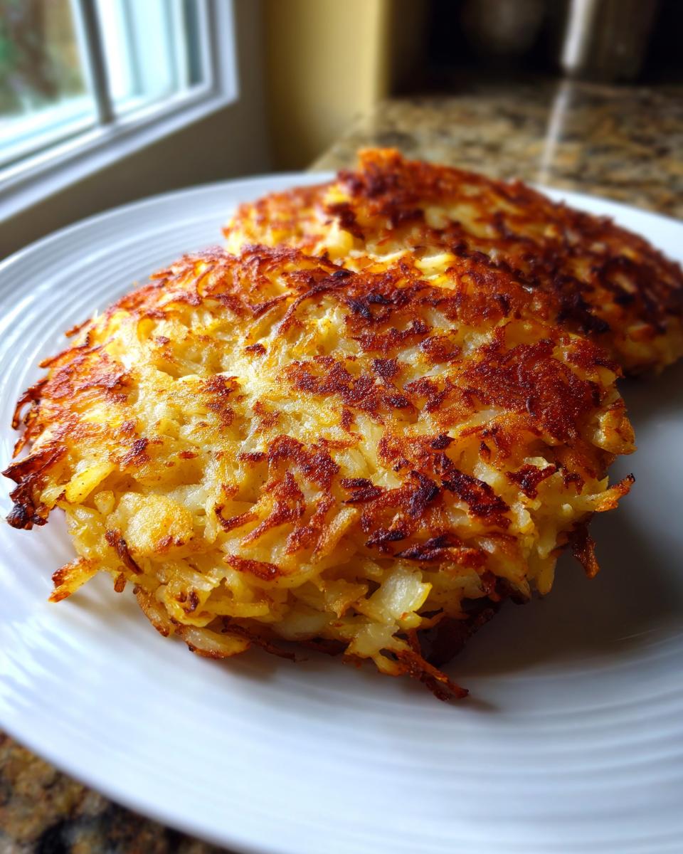 Close-up of two perfectly golden and crispy hash browns served on a white plate.