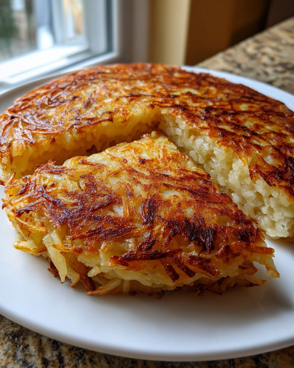 A perfectly cooked, round hash browns recipe, sliced to show the crispy golden exterior and soft interior.