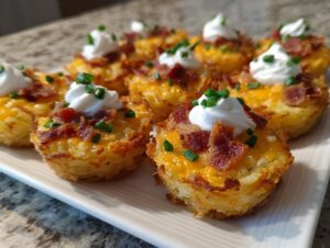 A platter of crispy baked loaded hashbrown bites topped with melted cheddar, bacon bits, sour cream, and chives.