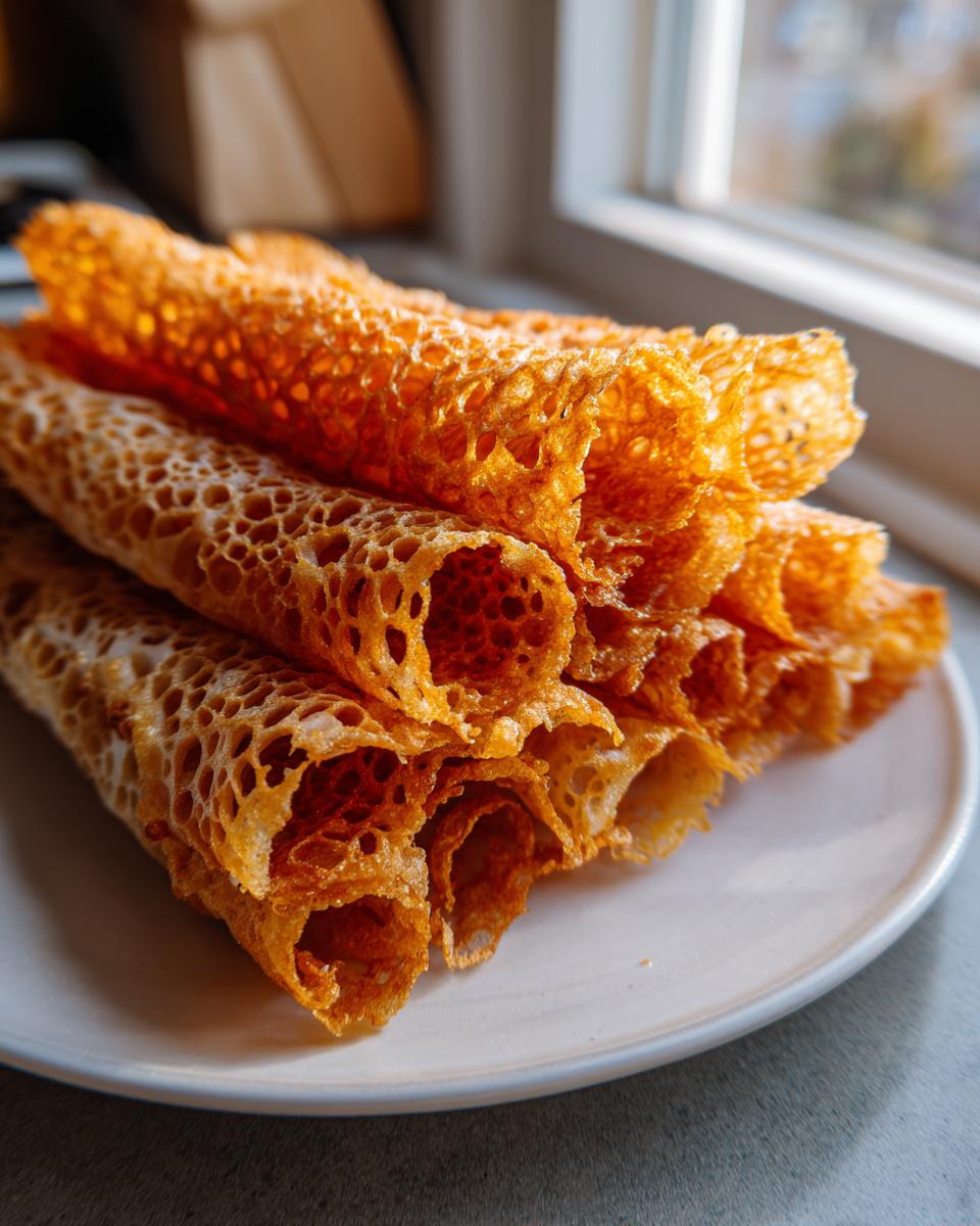 A stack of golden, lacy, and crispy rice paper rolls resting on a white plate near a window.