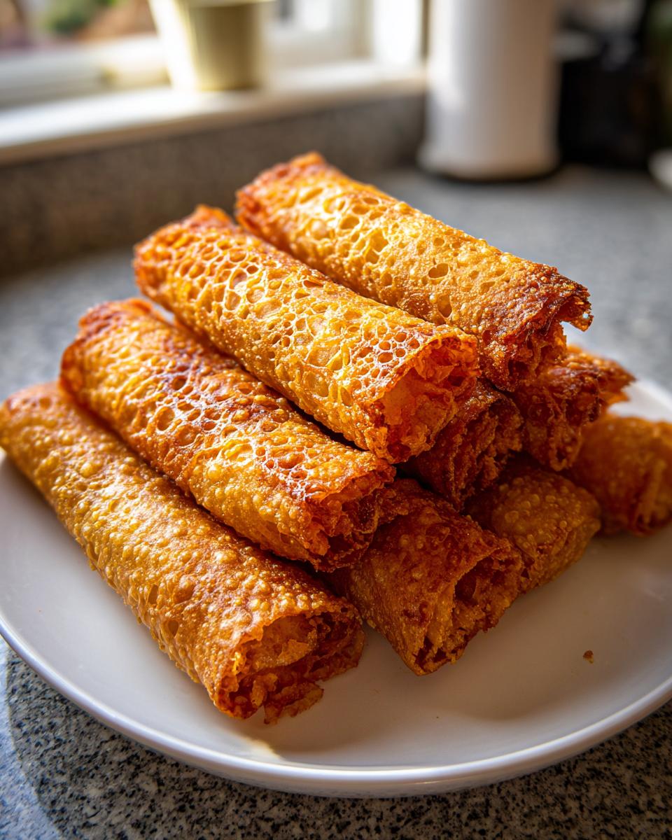 A stack of golden brown, bubbly, crispy rice paper rolls piled high on a white plate.