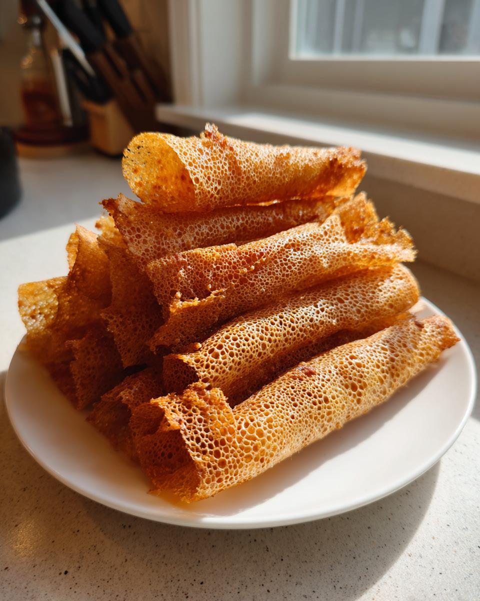 A stack of golden brown, lacy, and crispy rice paper rolls piled high on a white plate near a window.