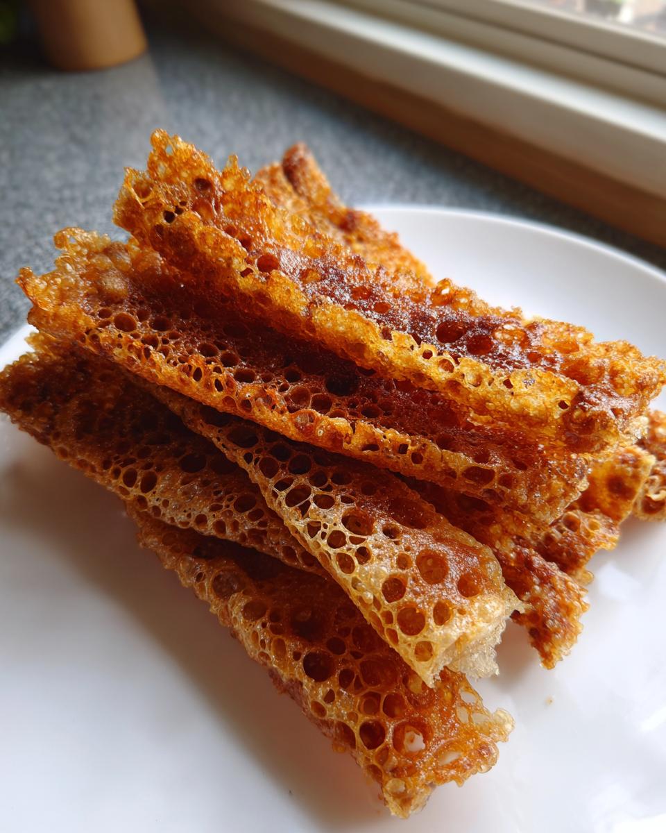 Close-up of golden brown, highly porous, and crispy rice paper rolls stacked on a white plate.