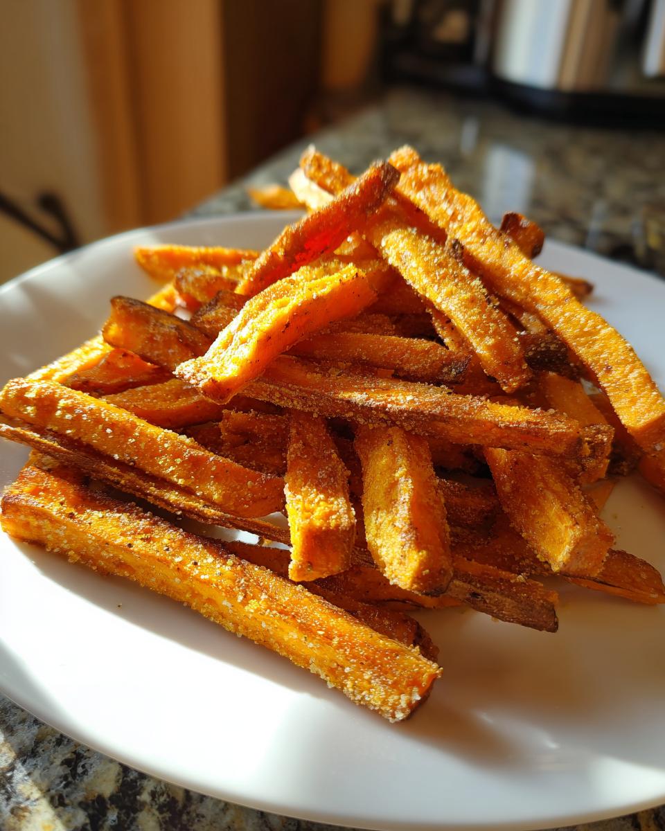 A close-up photo of a white plate piled high with perfectly cooked, seasoned sweet potato fries.