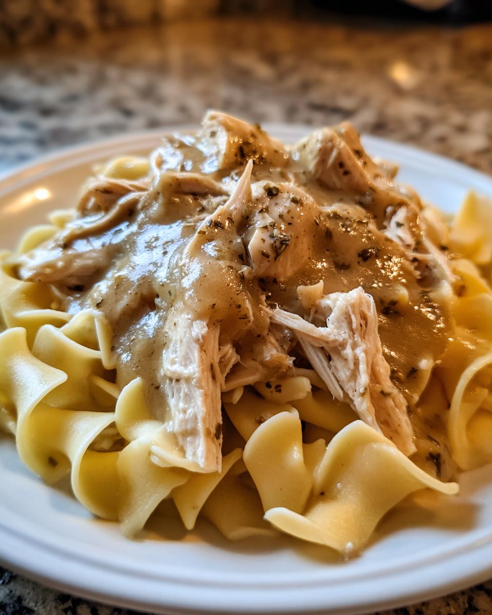 Close-up of shredded crockpot chicken and gravy spooned over wide egg noodles on a white plate.