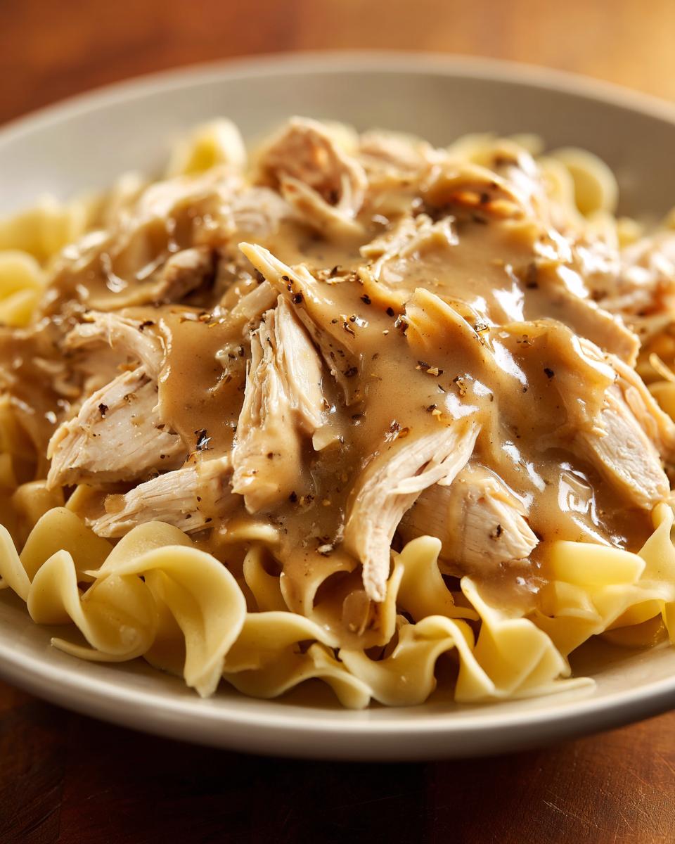 Close-up of shredded chicken and gravy served over wide egg noodles, featuring the crockpot chicken and gravy.