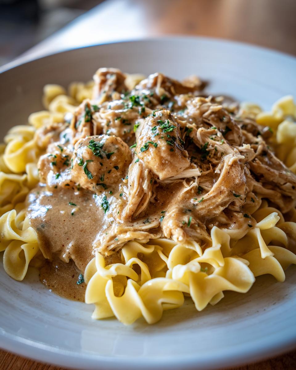 Close-up of shredded crockpot chicken and gravy generously served over wide egg noodles and garnished with parsley.