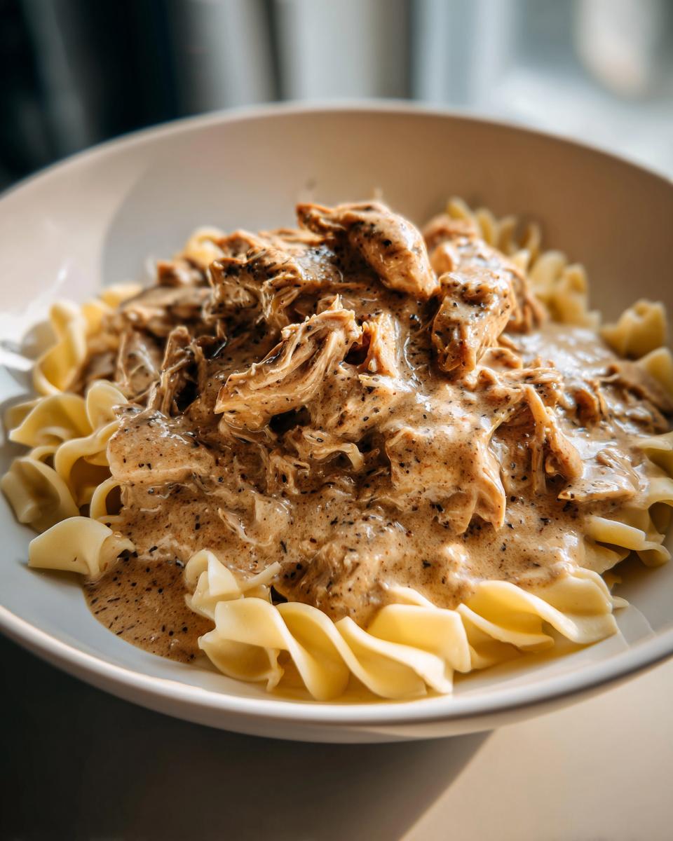 Shredded chicken smothered in creamy, peppered gravy served over wide egg noodles, representing crockpot chicken and gravy.