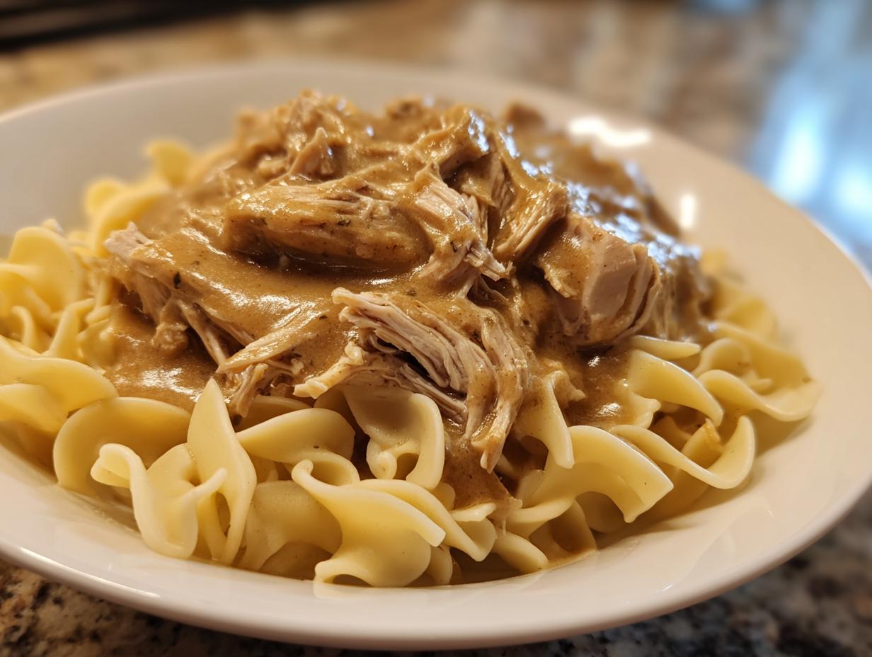 A close-up of shredded crockpot chicken and gravy generously poured over egg noodles in a white bowl.