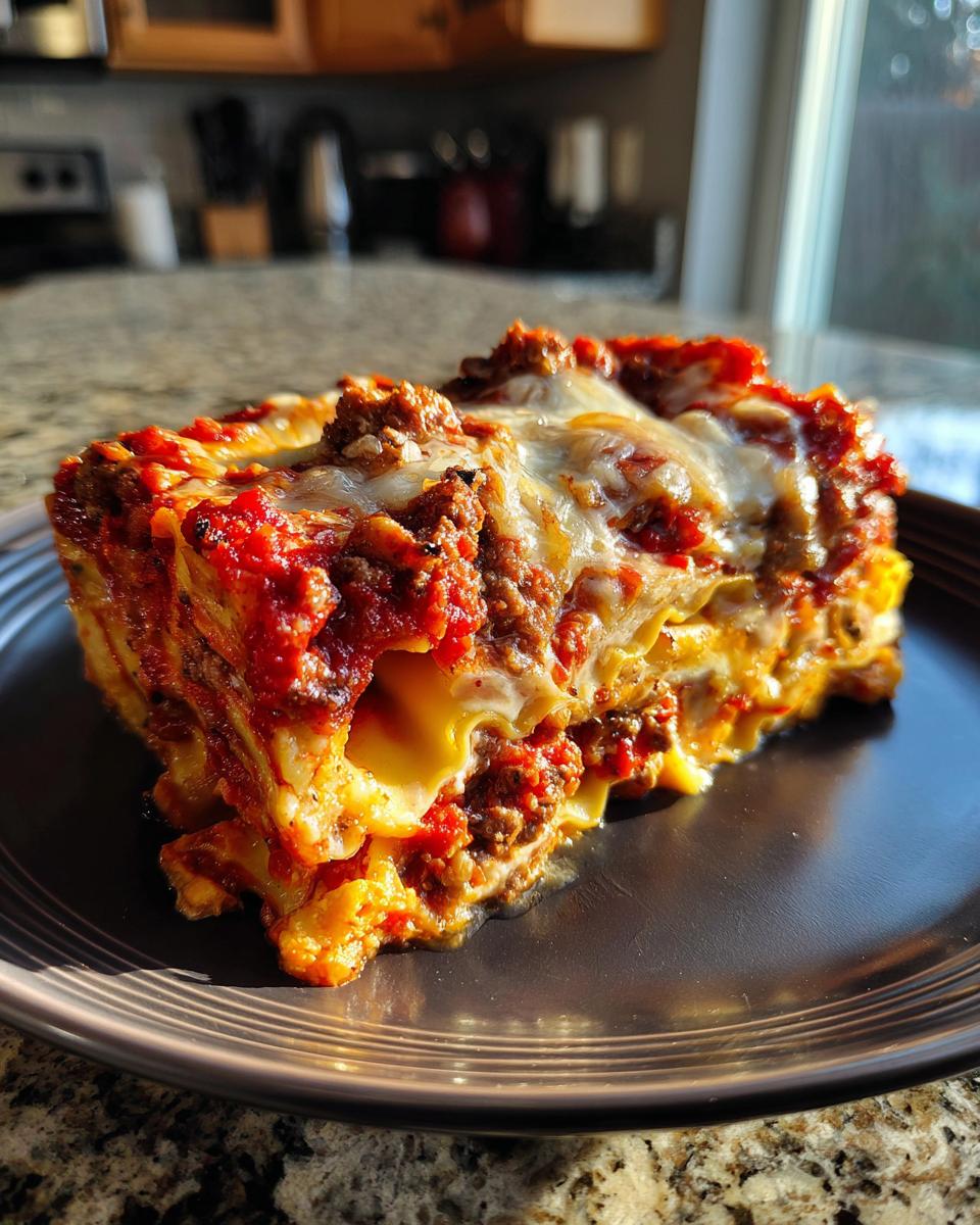 A hearty slice of crockpot ravioli lasagna layered with meat sauce and melted cheese, served on a dark plate.