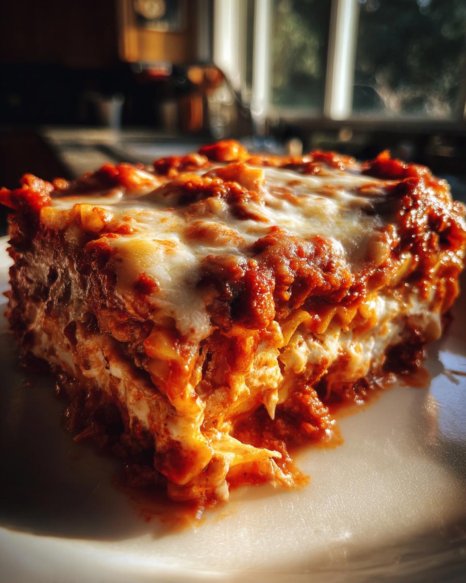 Close-up of a rich, saucy slice of crockpot ravioli lasagna topped with melted mozzarella cheese.