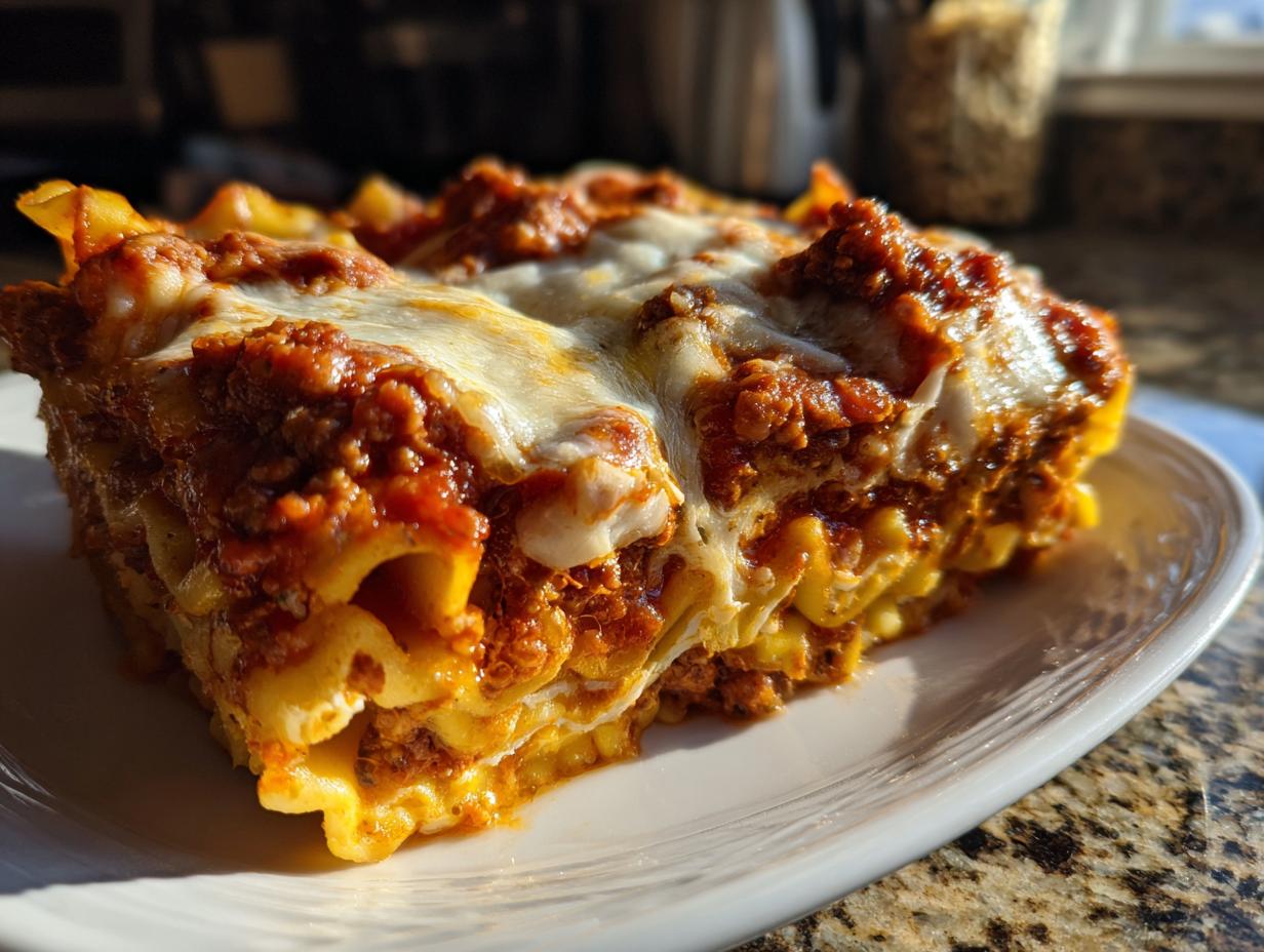 Close-up of a hearty slice of crockpot ravioli lasagna layered with pasta, meat sauce, and melted mozzarella cheese.