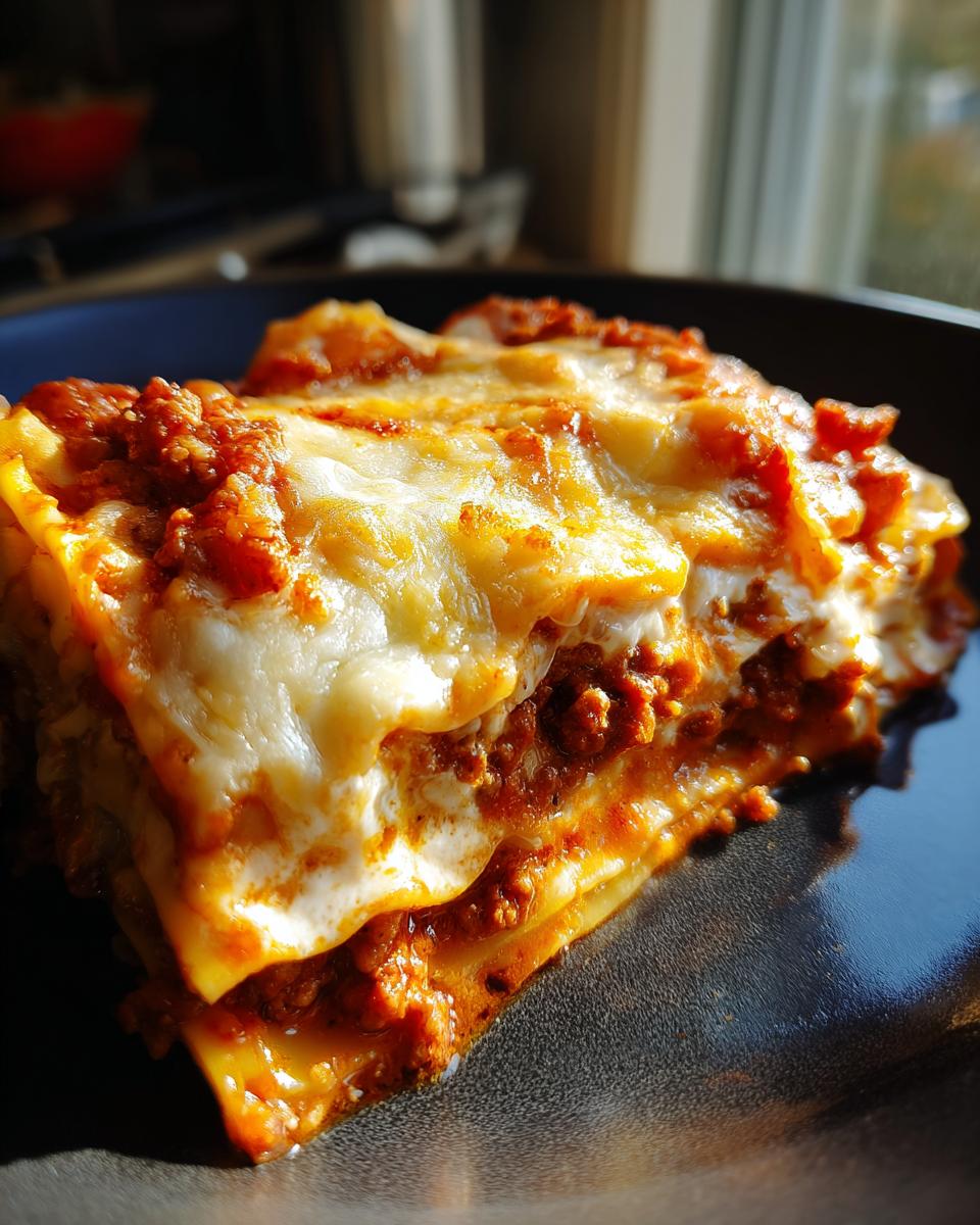 A close-up of a hearty slice of crockpot ravioli lasagna, featuring layers of pasta, meat sauce, and melted cheese.
