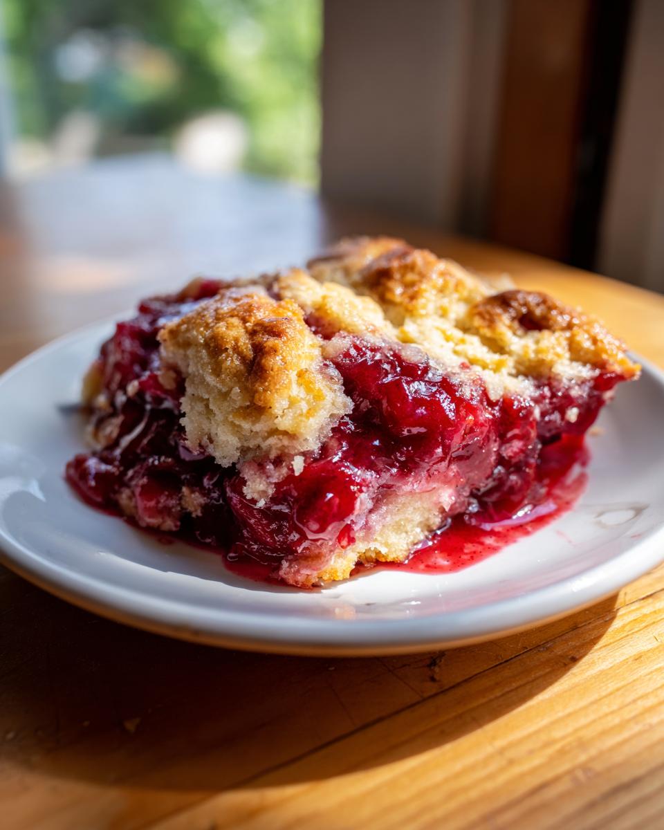 Close-up of a warm slice of easy cherry cobbler with bubbling red filling and a golden, crumbly topping on a white plate.