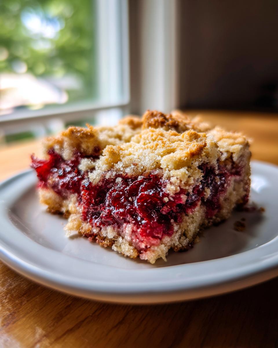 A square slice of easy cherry cobbler showing a thick, jammy cherry filling and golden crumb topping on a white plate.