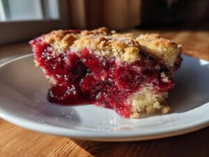 Close-up of a juicy slice of easy cherry cobbler showing the bright red filling and golden crumb topping on a white plate.