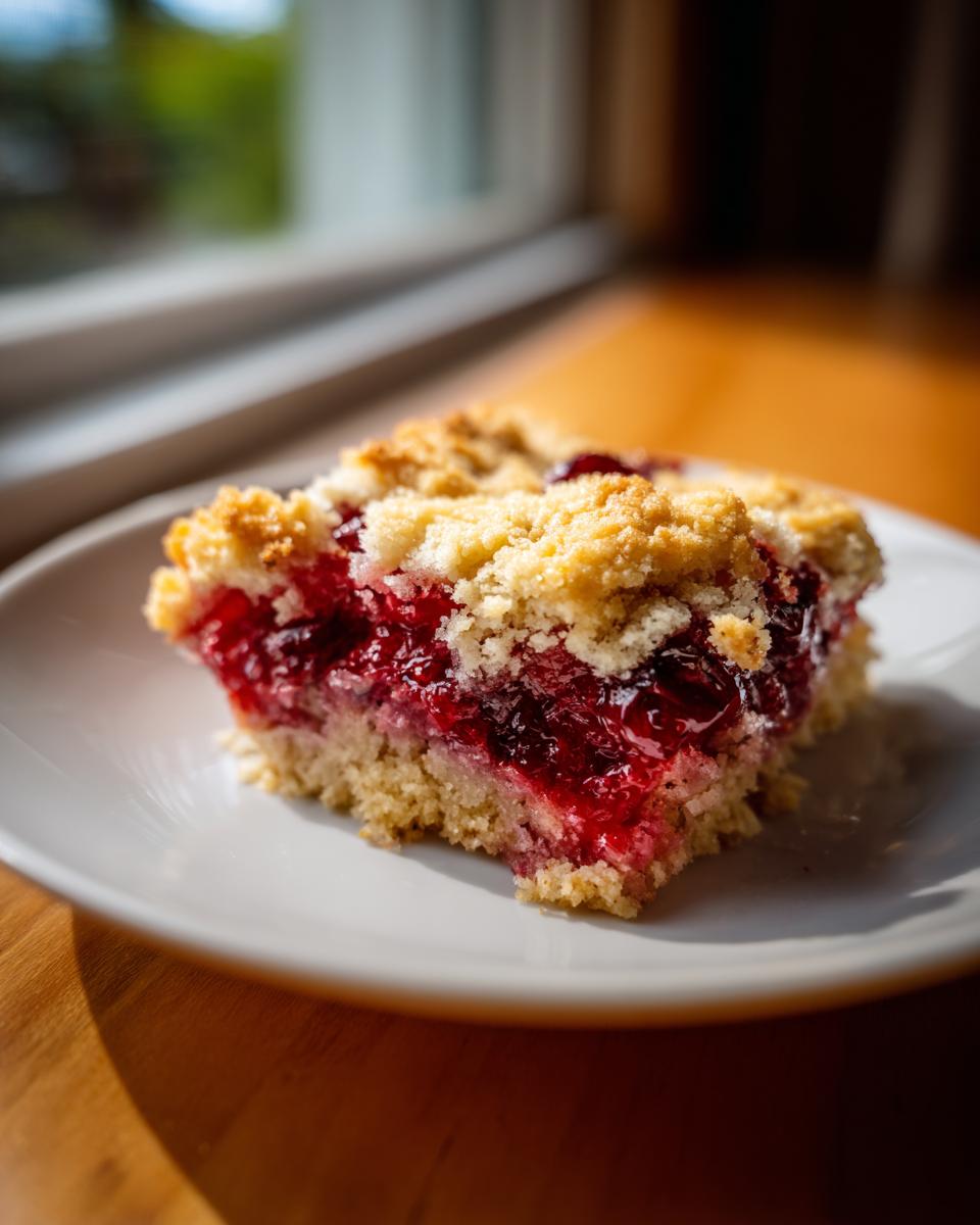 A close-up of a square slice of easy cherry cobbler with a thick, juicy cherry filling and a golden crumb topping, served on a white plate.