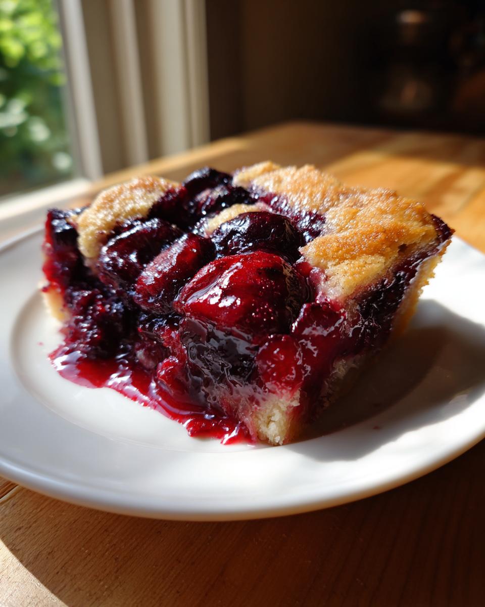 A close-up of a generous slice of easy cherry cobbler with a golden, sugary crust and glistening, deep red cherry filling.