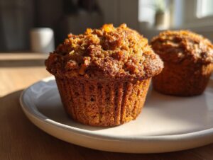 A close-up of a freshly baked, richly textured morning glory muffin sitting on a light-colored plate.