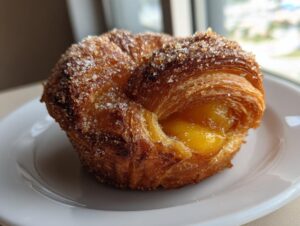 Close-up of a golden brown peach cruffin, flaky and topped with coarse sugar, showing the peach filling.
