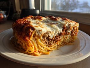 A thick, square slice of baked spaghetti pie featuring layers of spaghetti, meat sauce, and a thick topping of melted, browned mozzarella cheese.