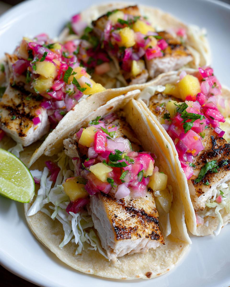 Three delicious Fish Tacos with Rhubarb Pineapple Salsa piled high with grilled fish and colorful toppings on a white plate.