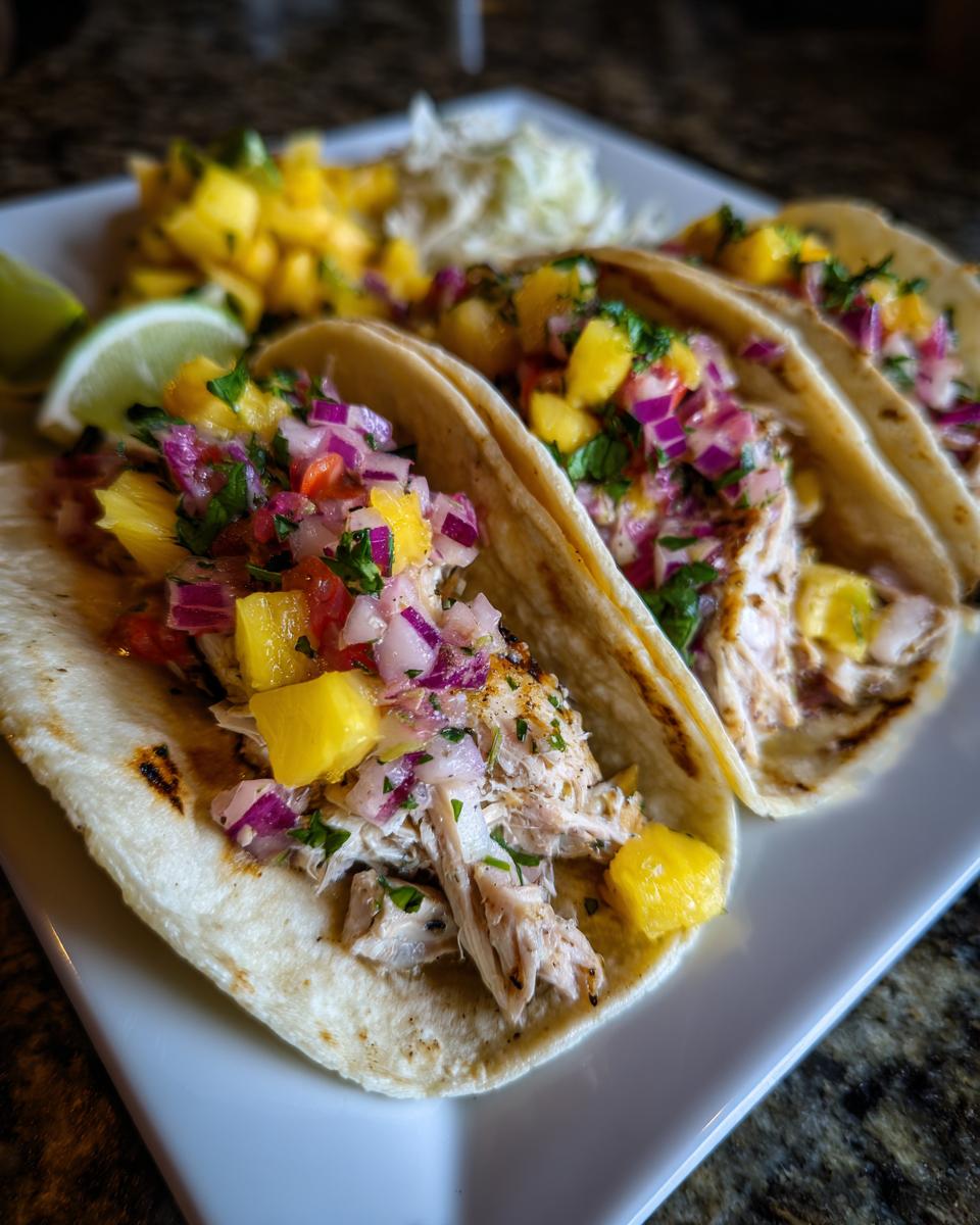 Three soft shell Fish Tacos with Rhubarb Pineapple Salsa, fish, and a lime wedge.