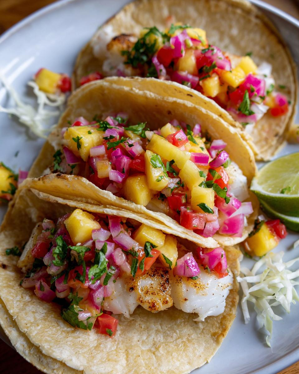 Three delicious Fish Tacos with Rhubarb Pineapple Salsa piled high on a plate, featuring grilled white fish and colorful salsa.