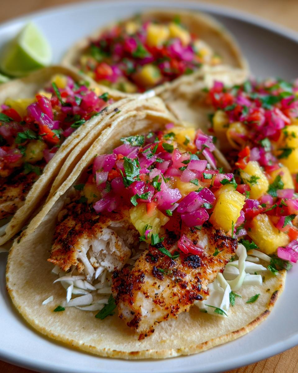 Close-up of seasoned fish tacos topped with vibrant Rhubarb Pineapple Salsa and shredded cabbage, served with a lime wedge.