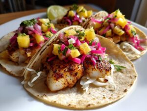 Three delicious Fish Tacos with blackened fish, shredded cabbage, and vibrant Rhubarb Pineapple Salsa, served on a white plate.