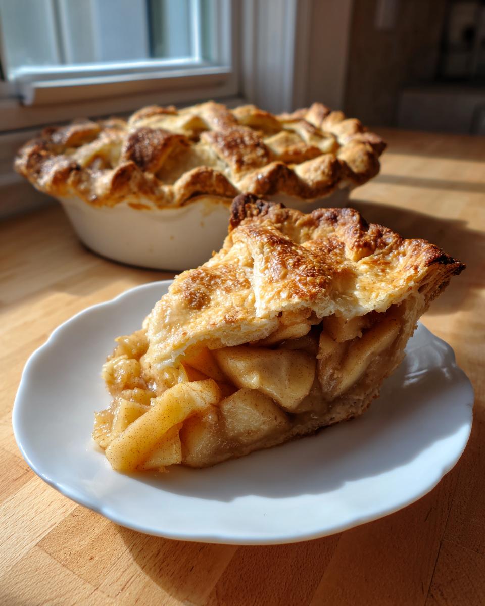 A close-up of a perfect slice of apple pie showing flaky crust and cinnamon apples, with the whole apple pie behind it.