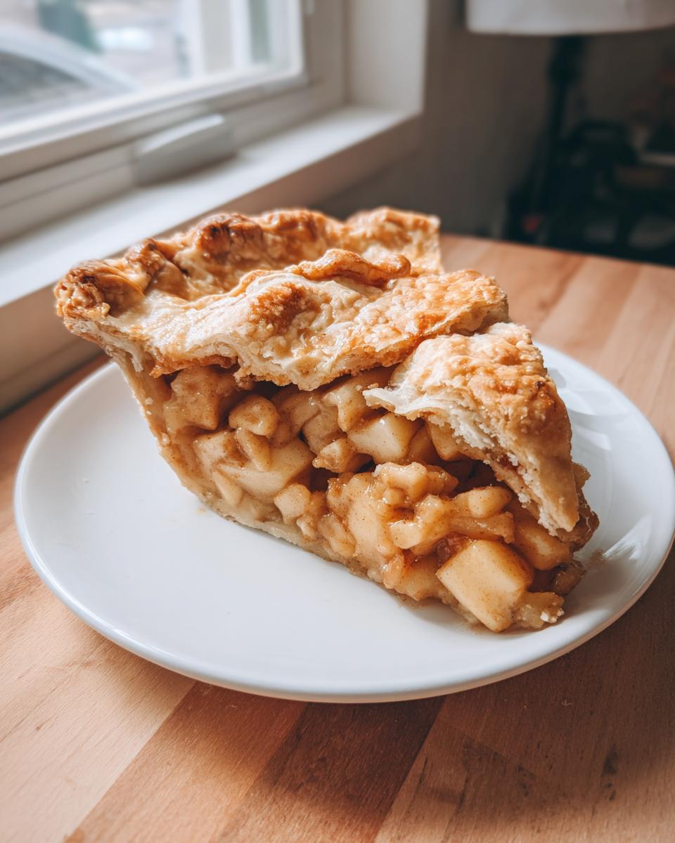 A close-up of a perfect slice of apple pie showing thick, flaky crust and chunky cinnamon apple filling.