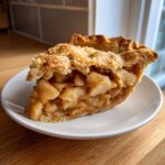 Close-up of a perfect slice of homemade apple pie showing a flaky, golden crust and thick, cinnamon-spiced apple filling.