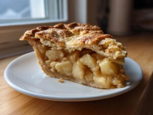 Close-up of a perfect slice of apple pie showing thick, chunky apple filling and a flaky, golden-brown crust.