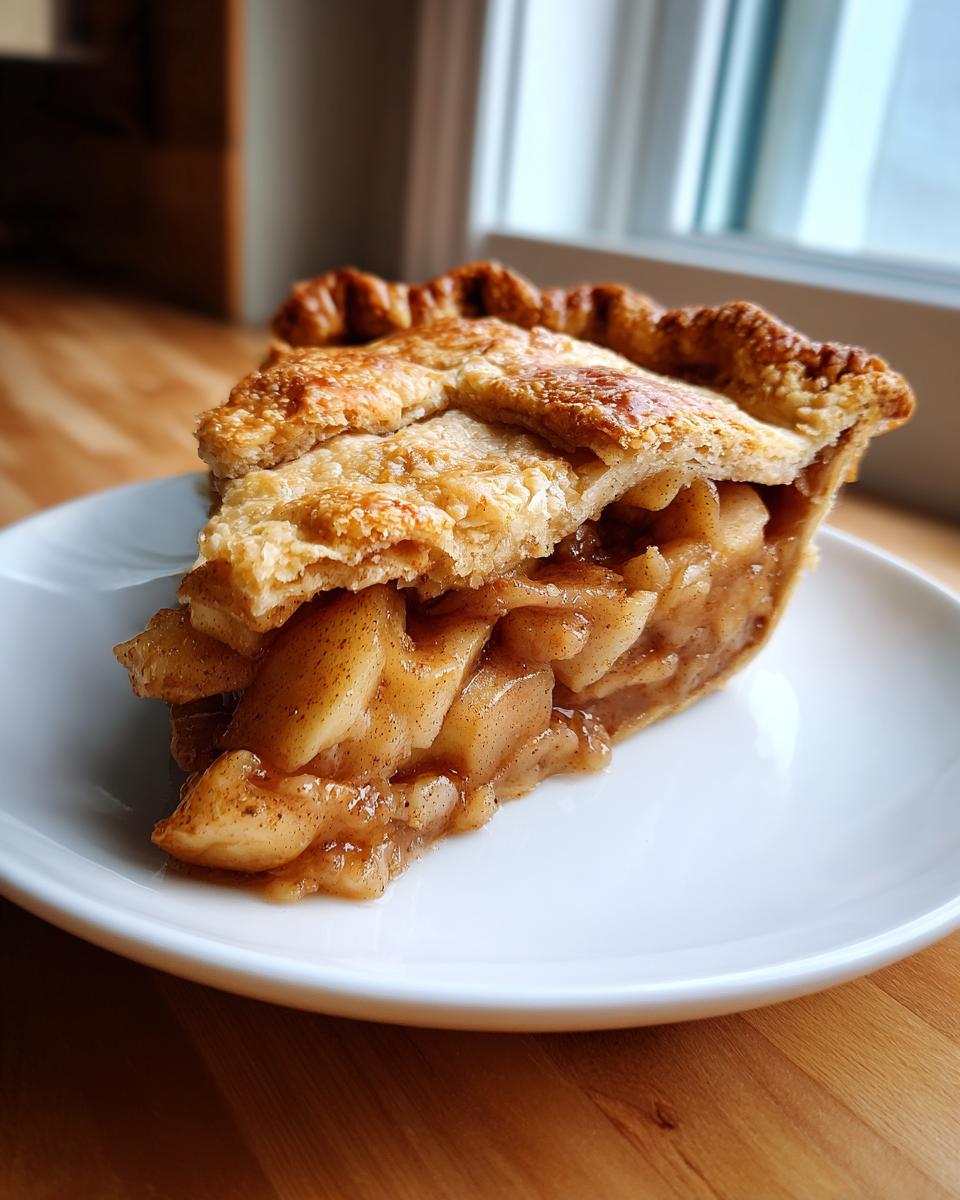 A close-up of a perfect slice of apple pie showing flaky crust and rich apple filling.
